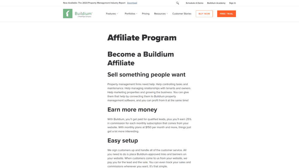 screenshot of the buildium affiliate program homepage