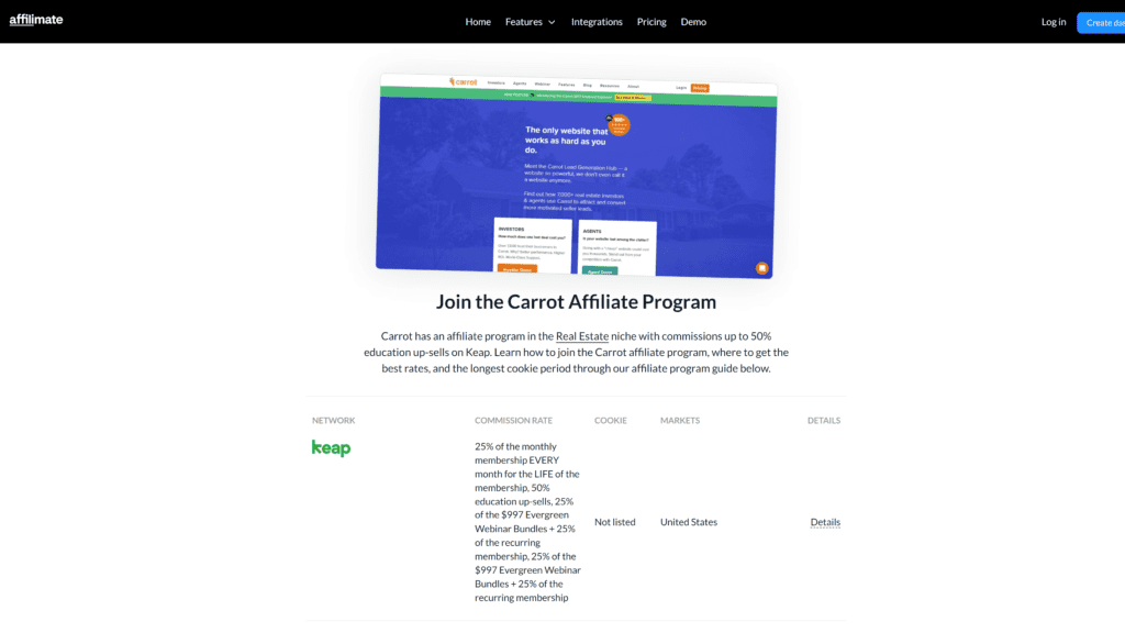 screenshot of the carrot affiliate program homepage