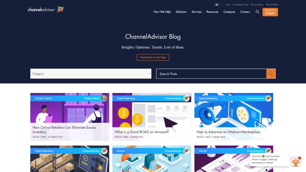 screenshot of the channel advisor blog homepage