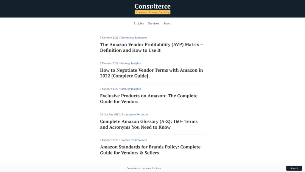 screenshot of the consulterce ecommerce blog homepage