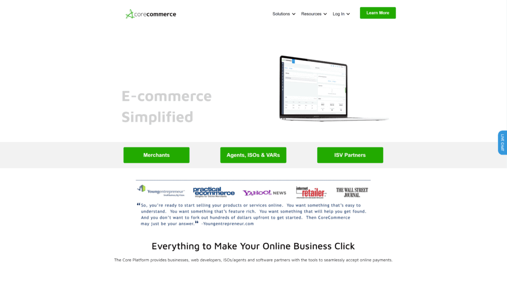 screenshot of the corecommerce homepage