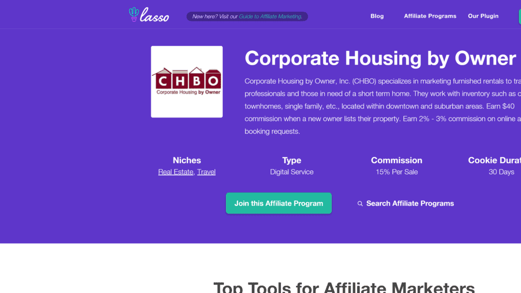 screenshot of the corporate housing by owner affiliate program homepage