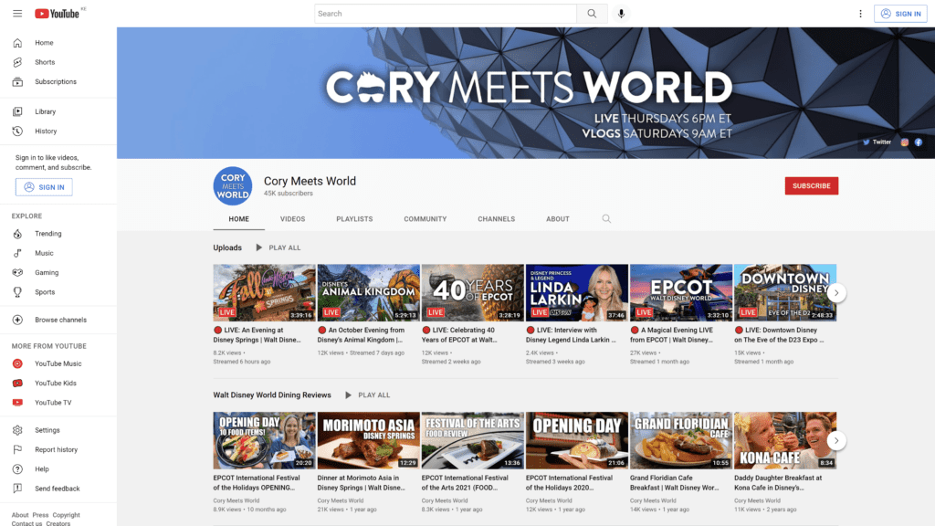 screenshot of the corey meets world homepage