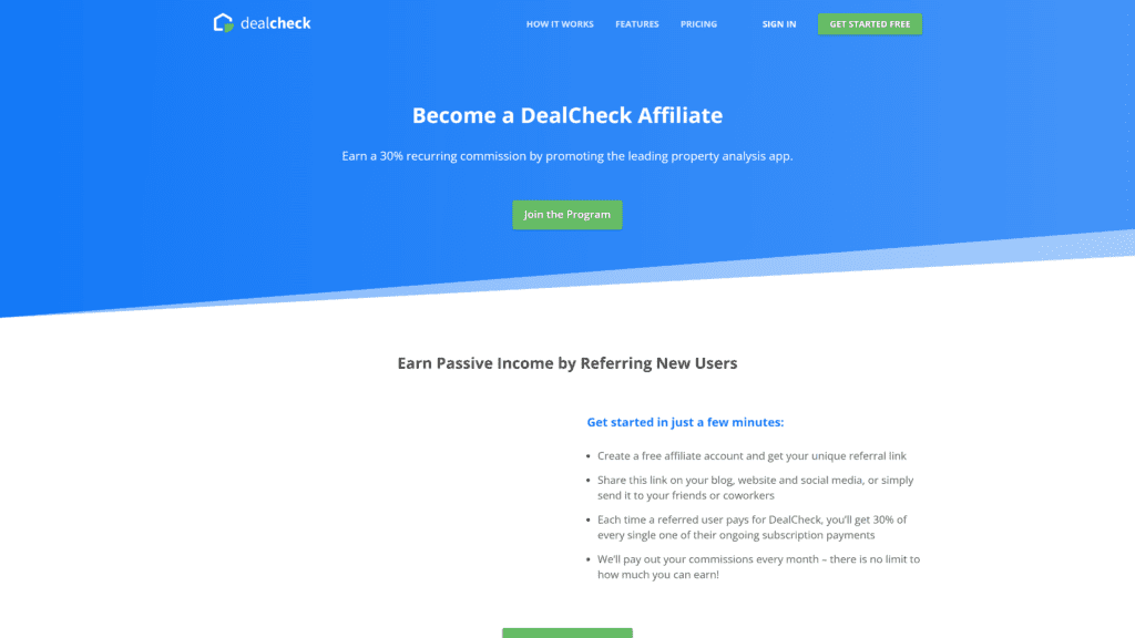 screenshot of the dealcheck affiliate program homepage