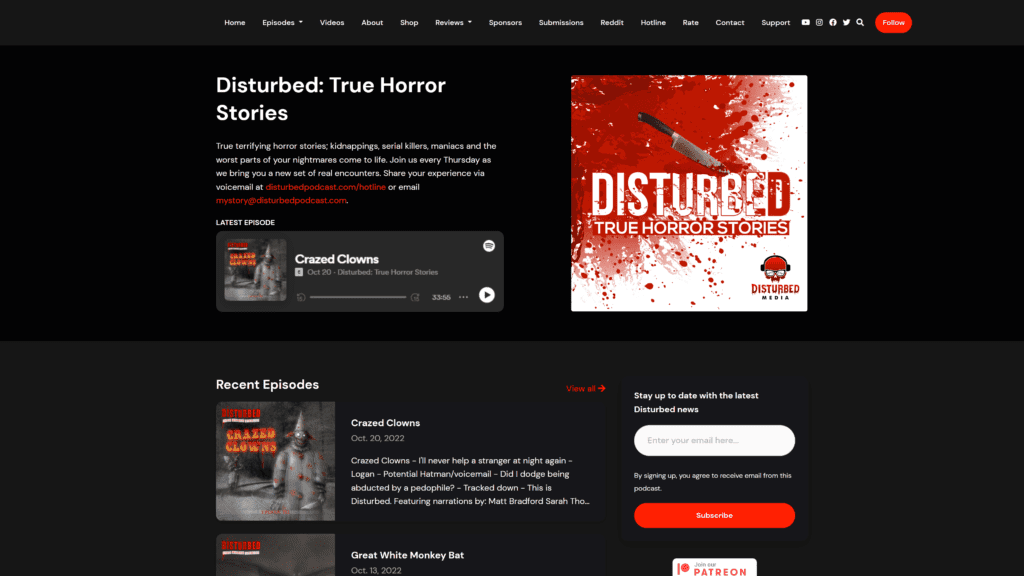 screenshot of the disturbed true horror stories homepage