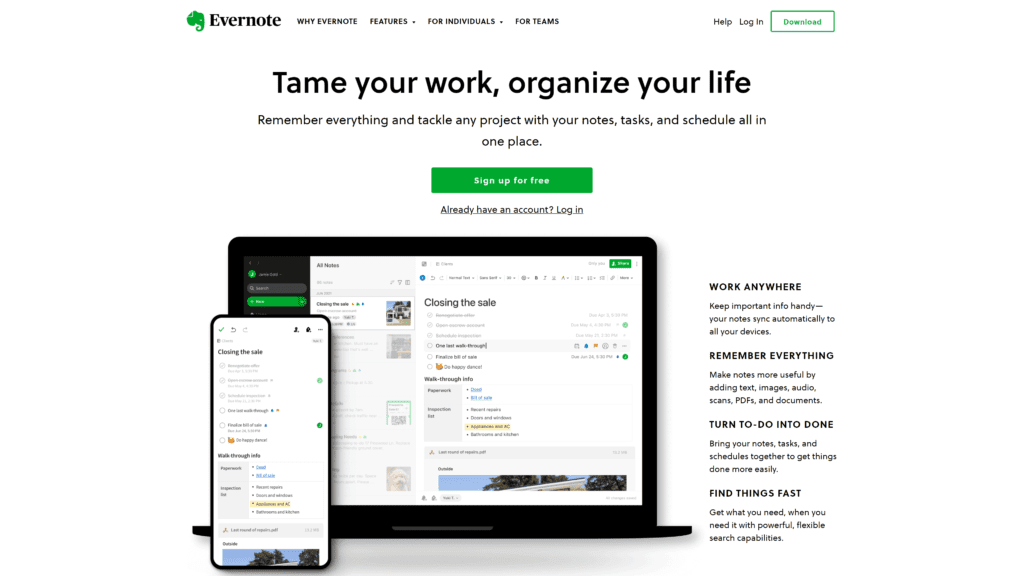 screenshot of the evernote homepage