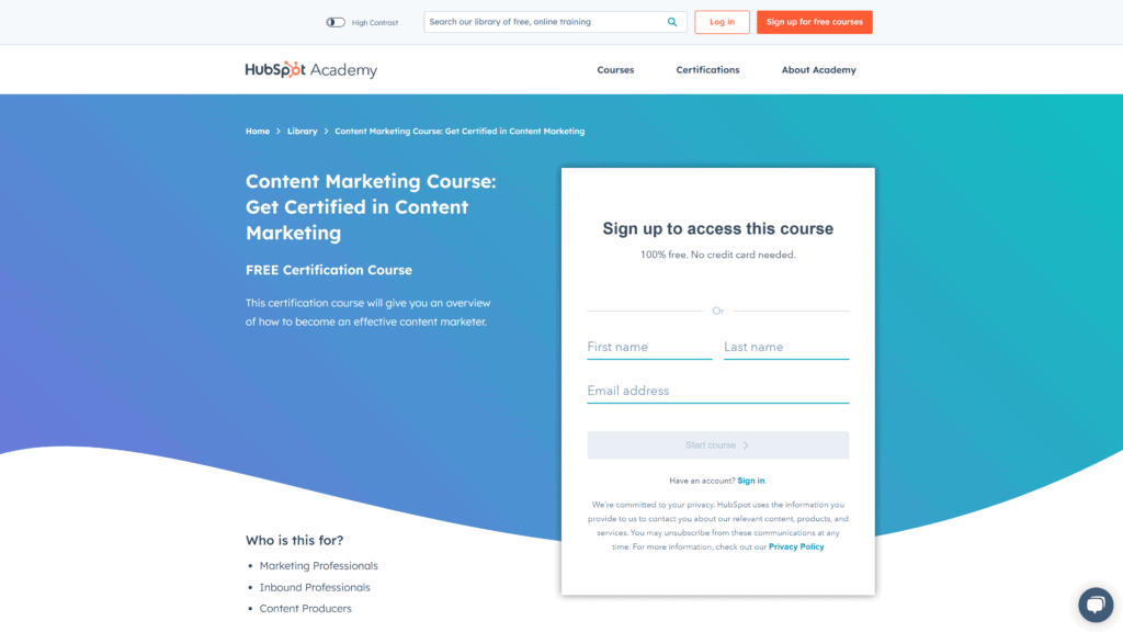screenshot of the hubspot academy content marketing course homepage