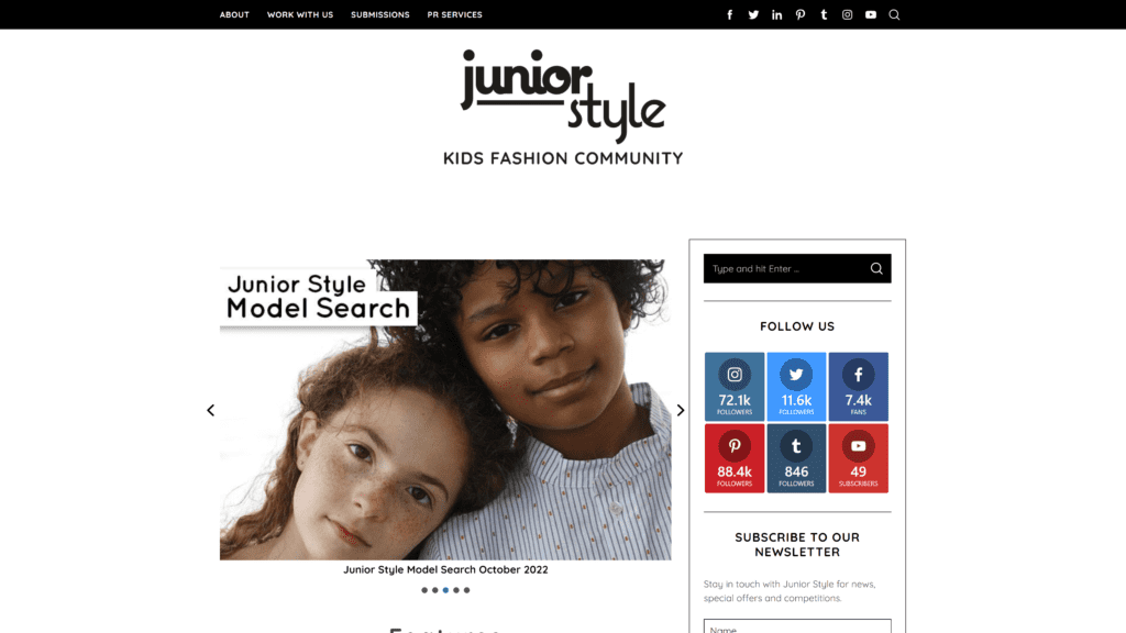 screenshot of the junior style homepage
