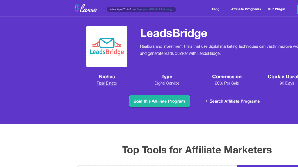 screenshot of the leadsbridge affiliate program homepage