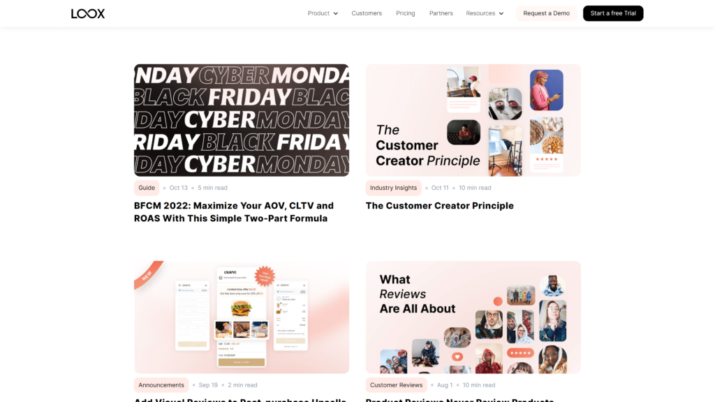 screenshot of the loox-ecommerce tips homepage