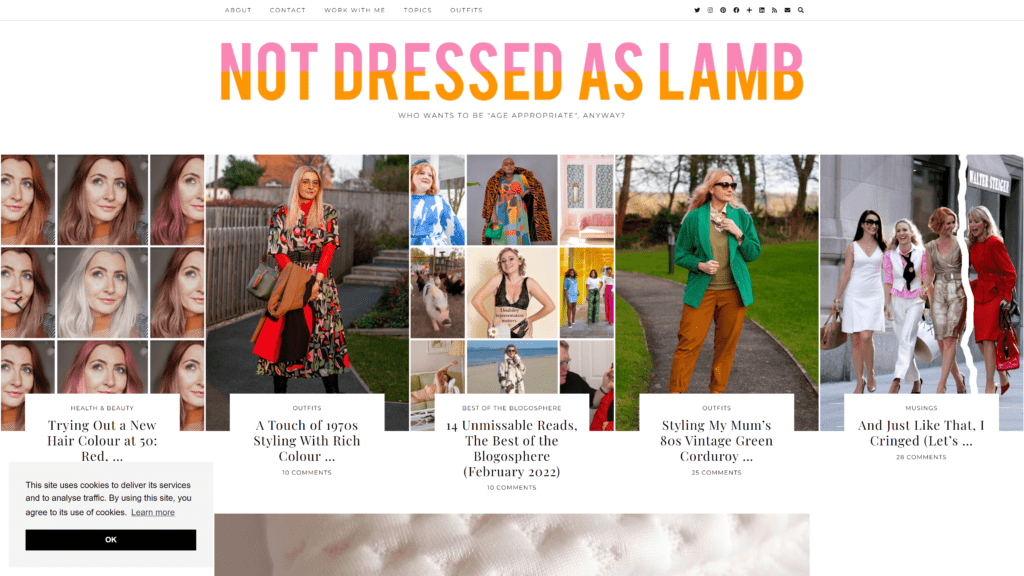 screenshot of the not dressed as lamb homepage