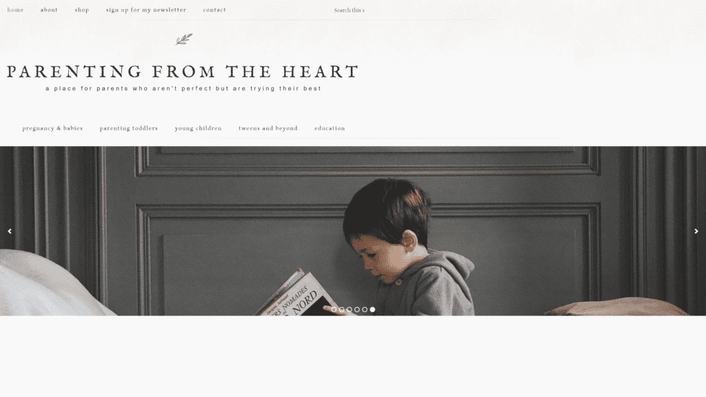 screenshot of the parenting from the heart homepage