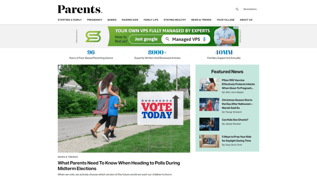 screenshot of the parents homepage
