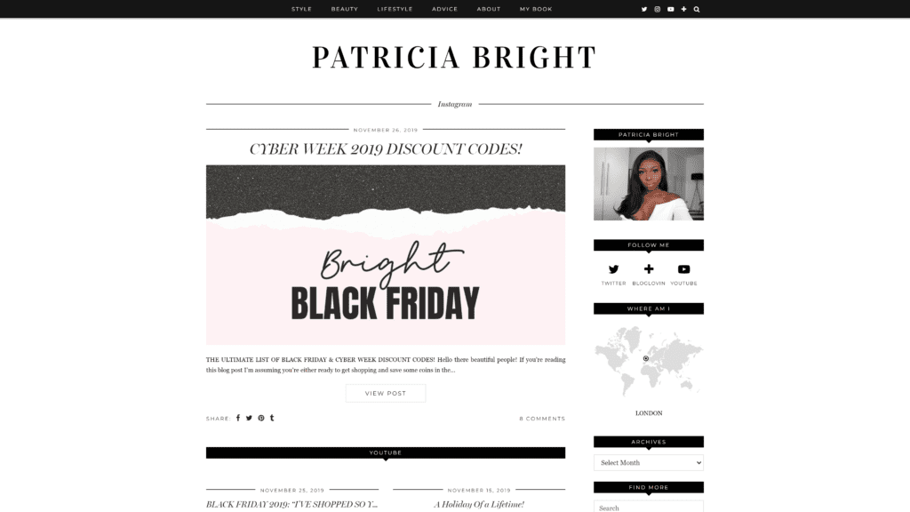 screenshot of the patricia bright homepage