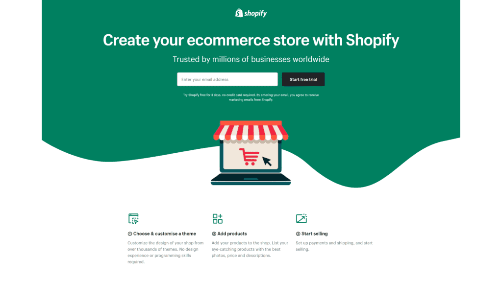 screenshot of the shopify homepage
