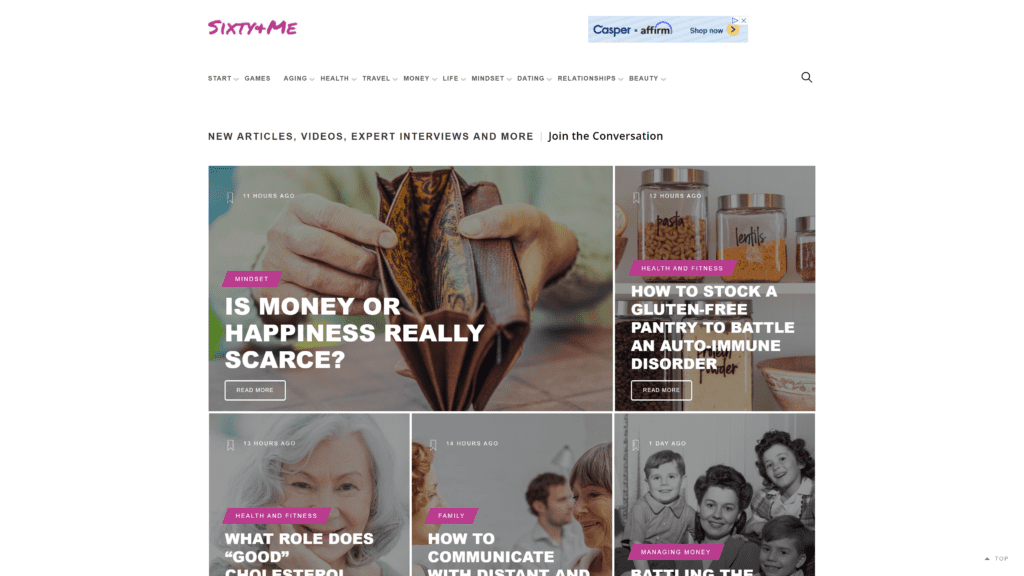 screenshot of the sixty and me homepage