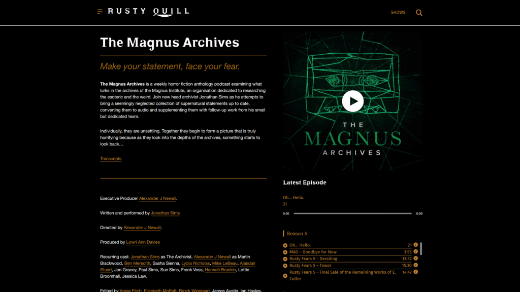 screenshot of the magnus archives homepage