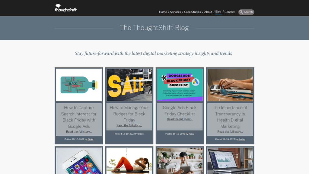screenshot of the thoughtshift digital marketing blog homepage