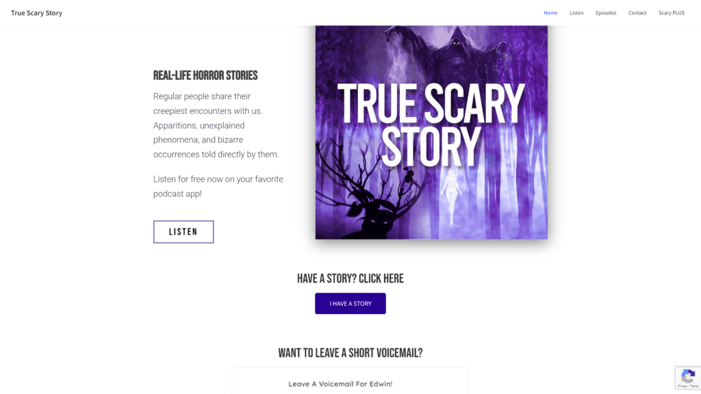 screenshot of the true scary story homepage
