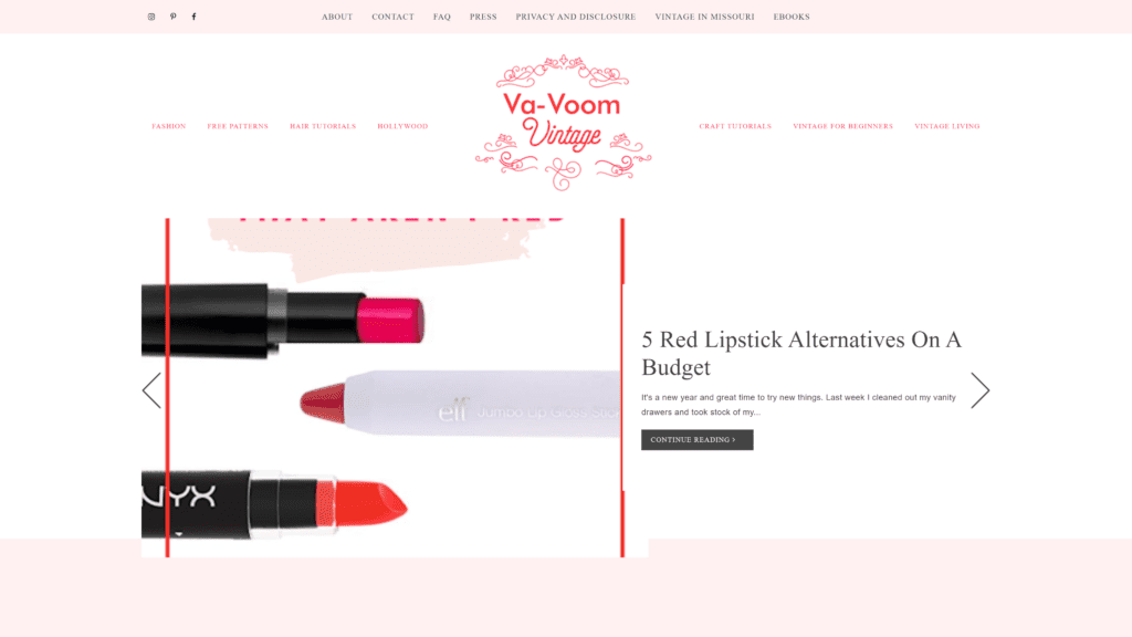 screenshot of the va-voom vintage homepage