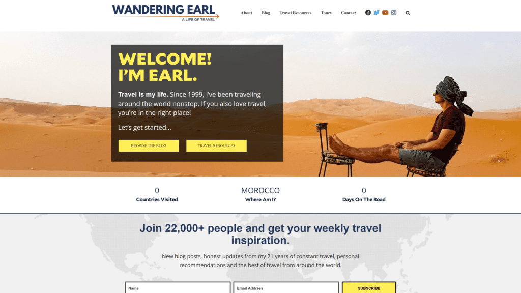 screenshot of the wandering earl homepage