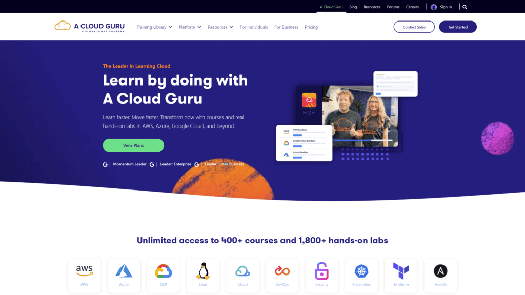 screenshot of the cloud guru homepage