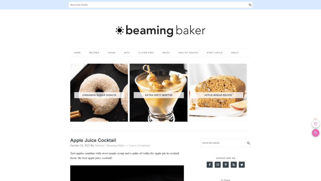 screenshot of the beaming baker homepage