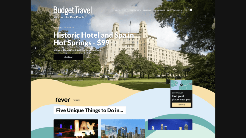 screenshot of the budget travel homepage