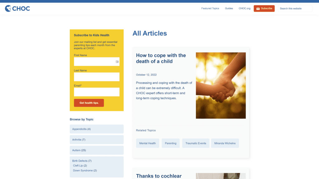 a screenshot of the choc childrens blog homepage