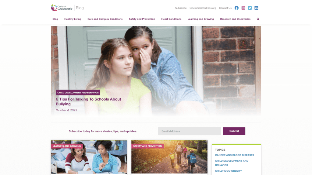 a screenshot of the cincinati childrens blog homepage