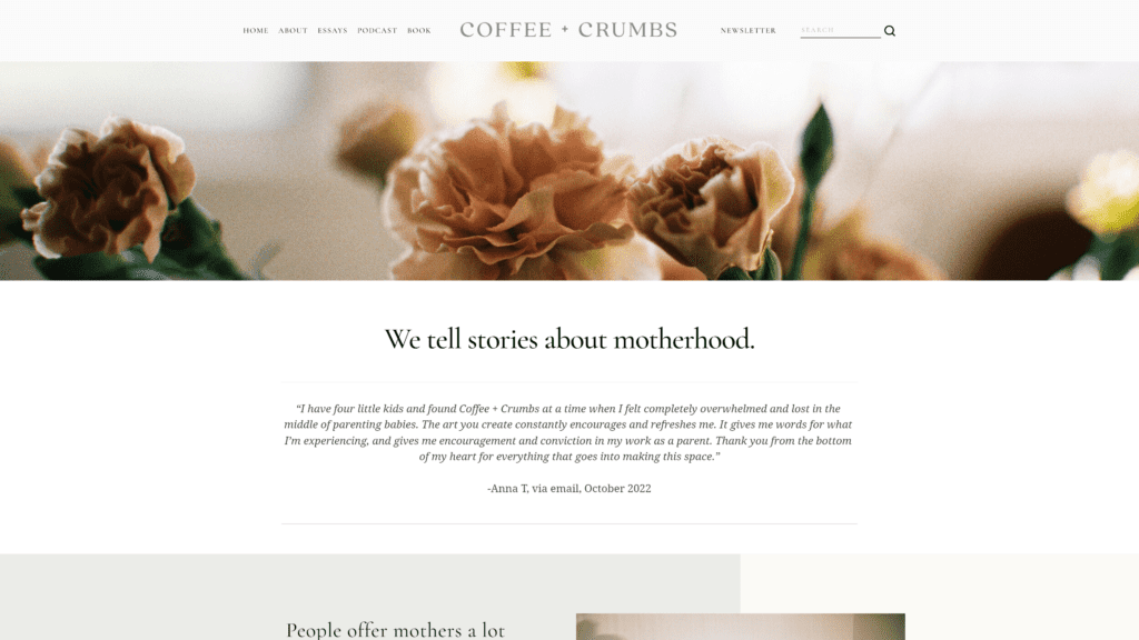 A screenshot of the coffee and crumbs homepage