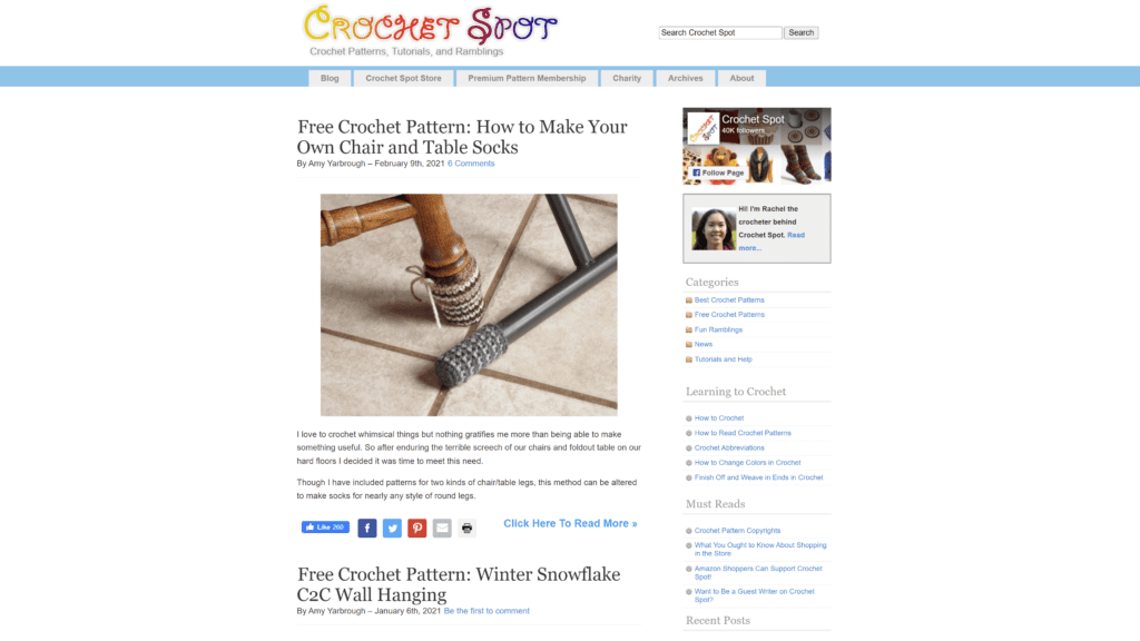 screenshot of the crochet spot homepage