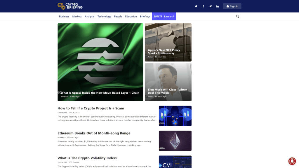 a screenshot of the crypto briefing homepage