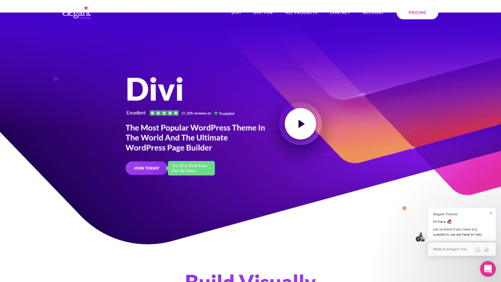 screenshot of the divi homepage