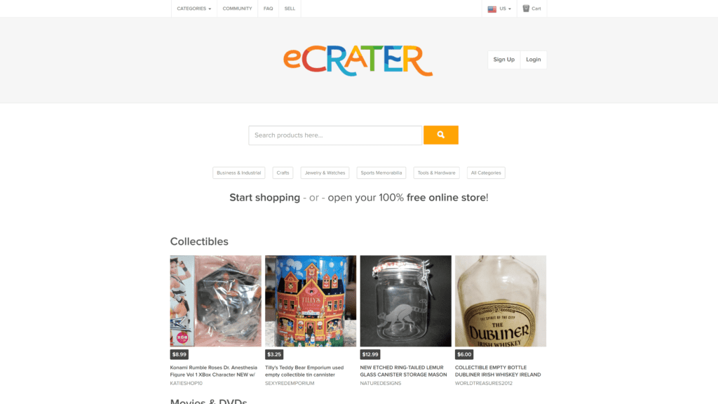screenshot of the ecrater homepage
