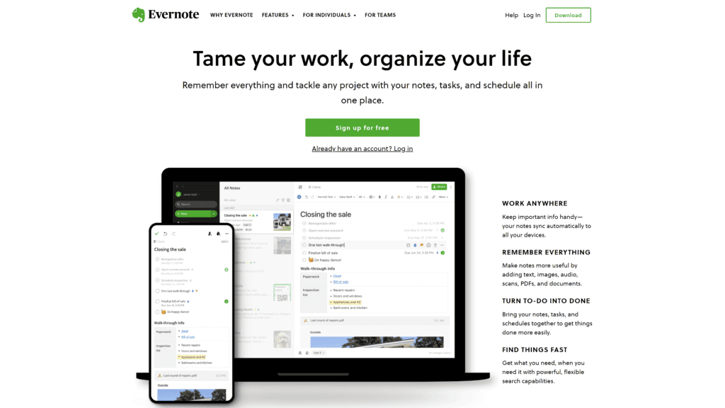 A screenshot of the Evernote homepage