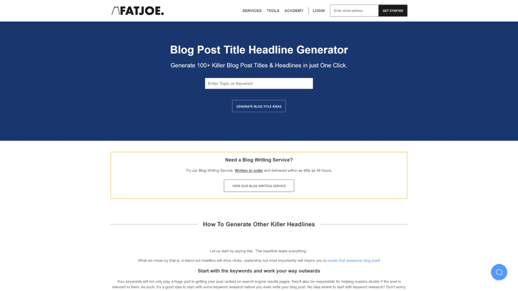 screenshot of the fatjoe-blog-title-generator homepage