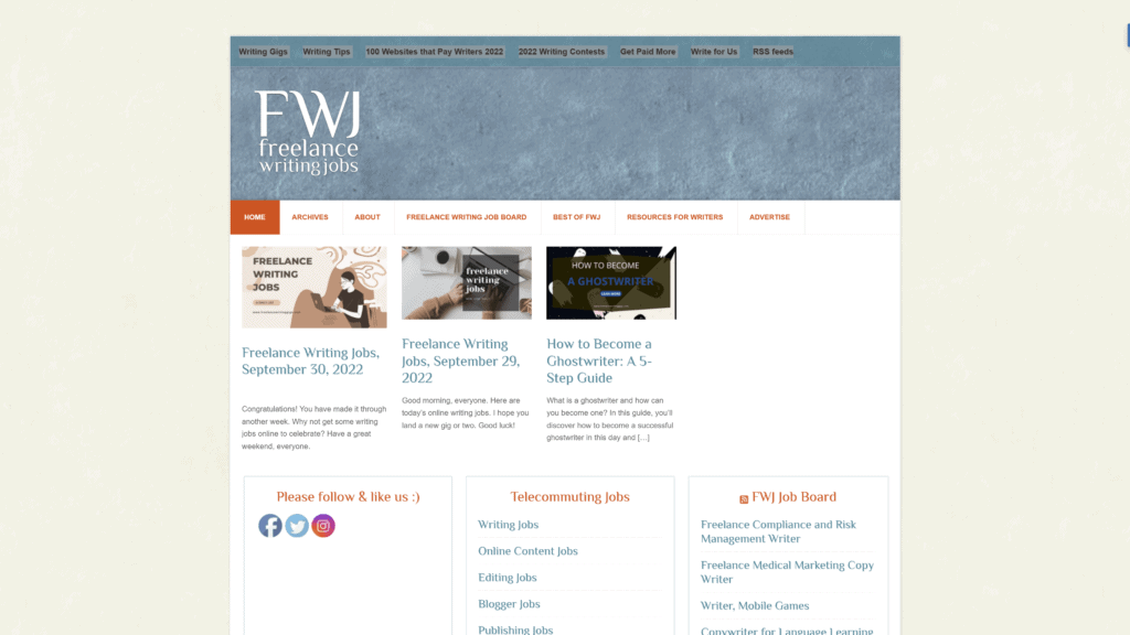 screenshot of the freelance writing jobs homepage