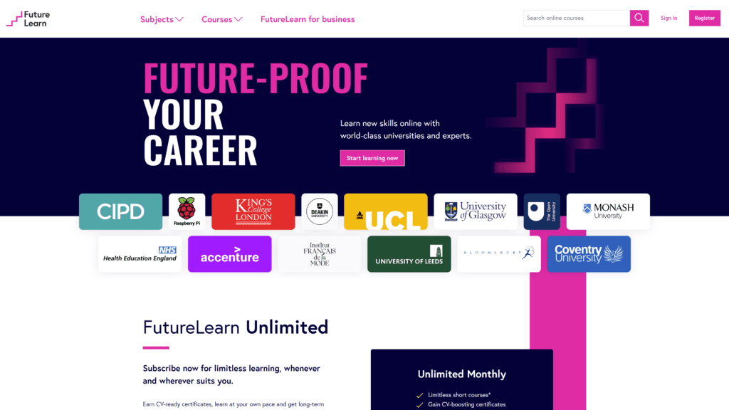 screenshot of the futurelearn homepage