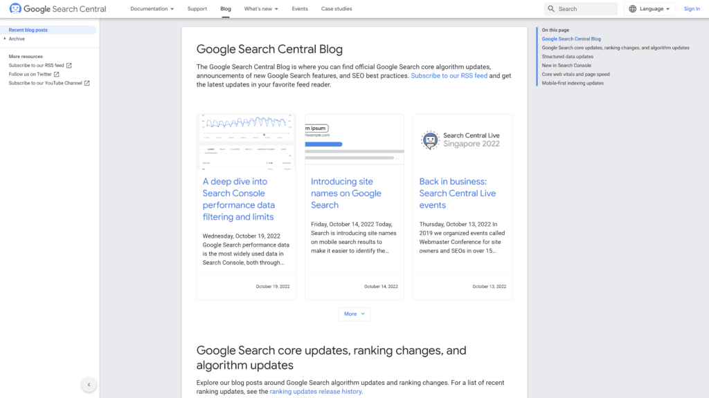 A screenshot of the google search central blog homepage