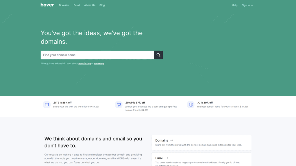 screenshot of the hover homepage
