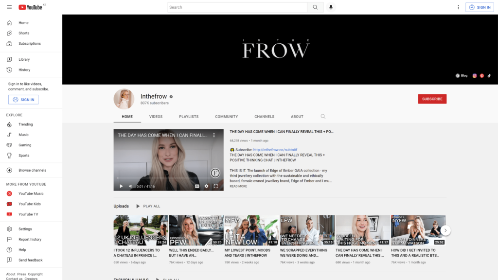 sreenshot of the in the frow homepage