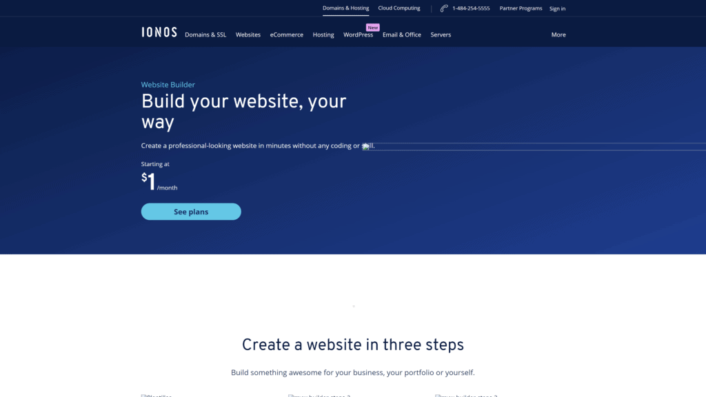 screenshot of the IONOS By 1&1 homepage