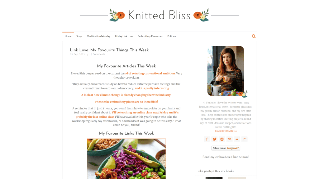 screenshot of the knitted bliss homepage