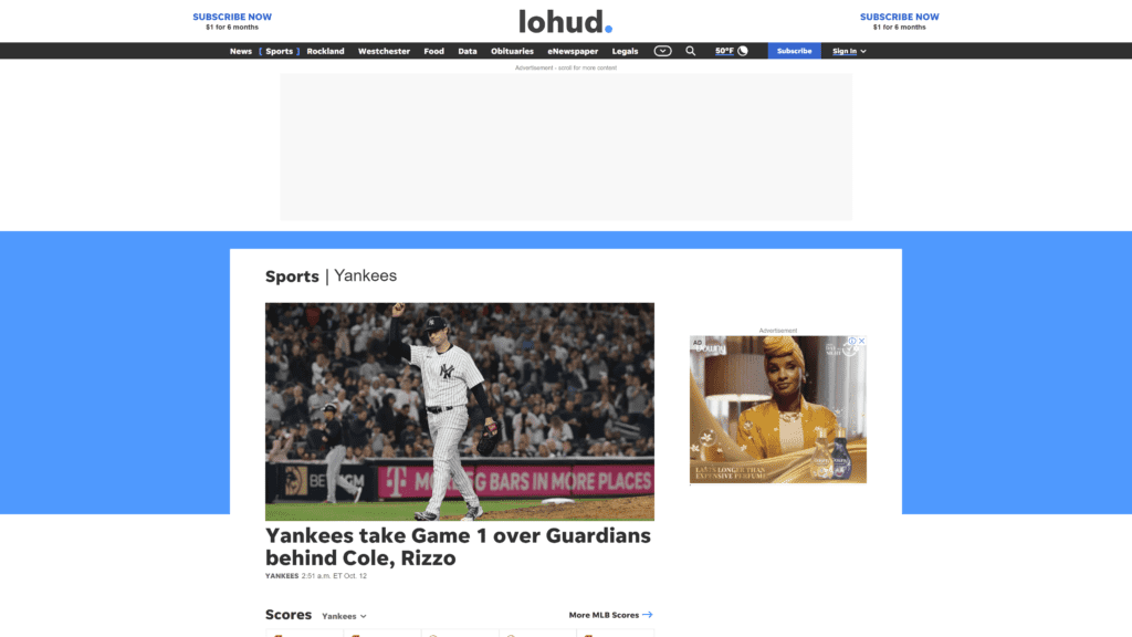 A screenshot of the Lohud Yankees Blog Homepage