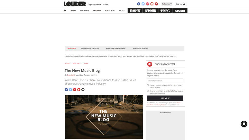 screenshot of the louder sound homepage