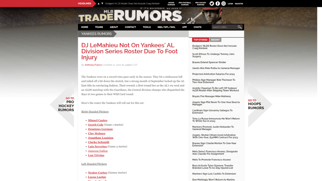 A screenshot of the MLB trade rumors Homepage