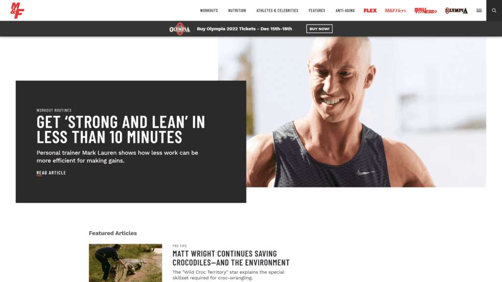 screenshot of the muscle and fitness homepage