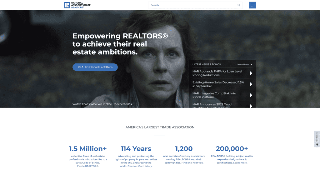 a screenshot of the national association of realtors homepage