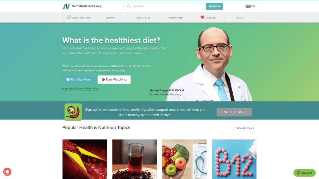 screenshot of the nutritionfacts homepage